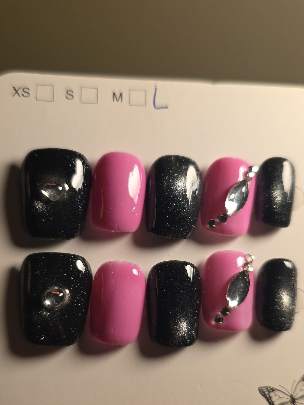 False Nail Set - Black & Pink Glam with Rhinestones Size Large